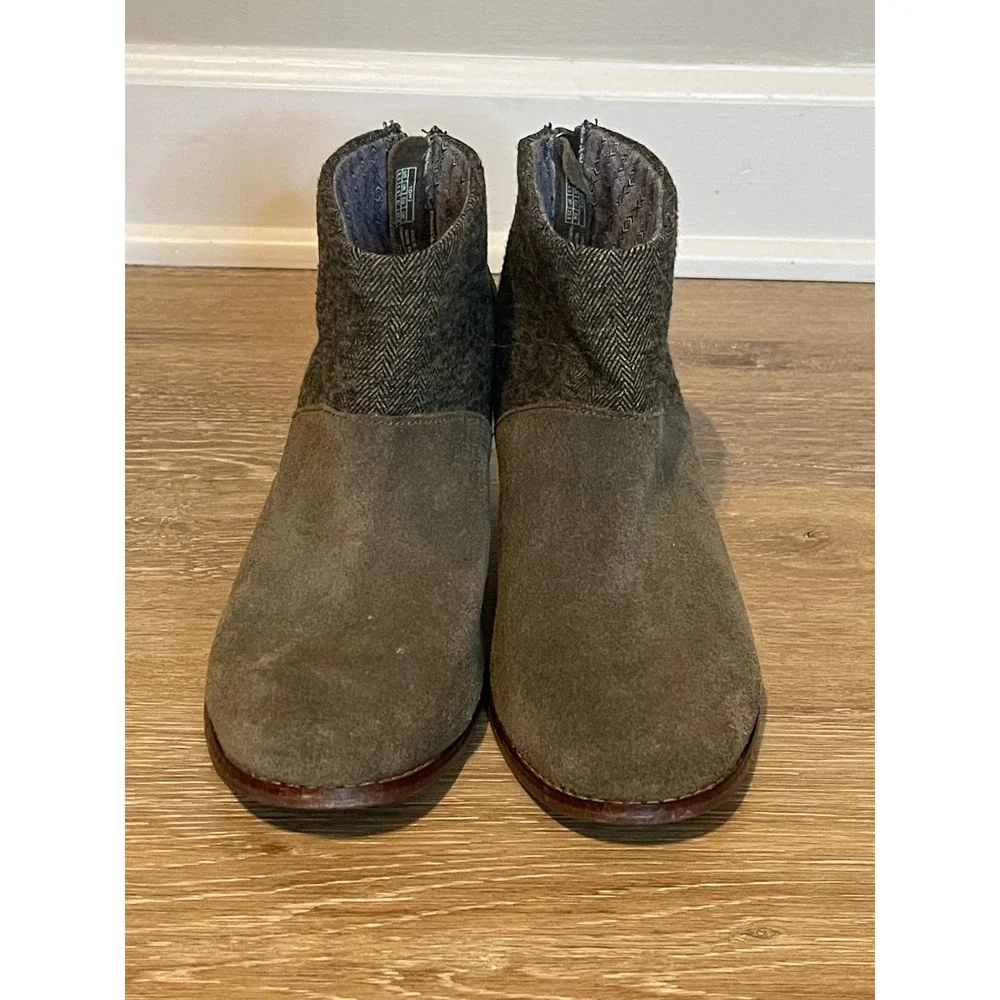 TOMS Olive Green Suede & Herringbone‎ Ankle Booties Block Heel Women's 6.5